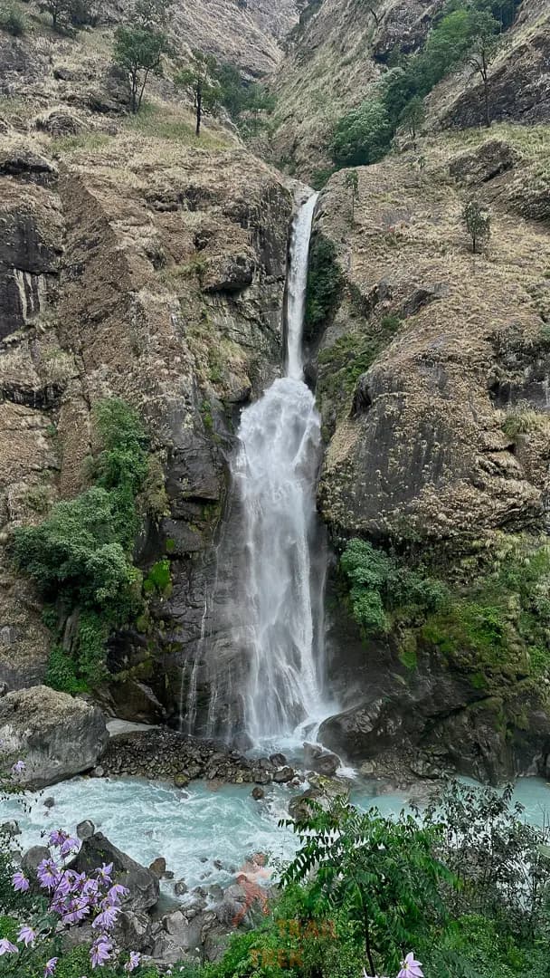 cascading waterfall during Nar Phu Trek