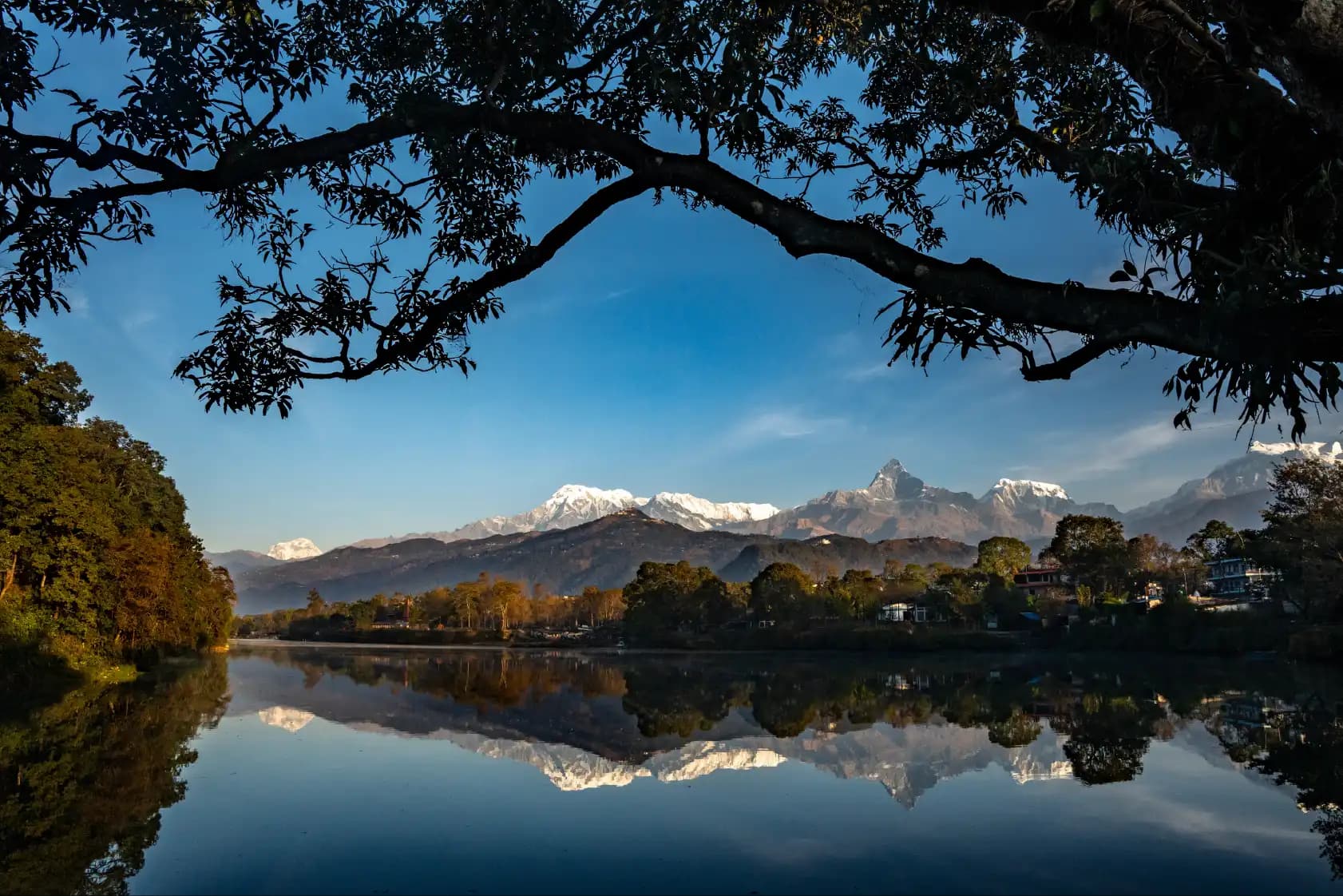 View of Fishtail mountain and other ranges from Fewa Lake